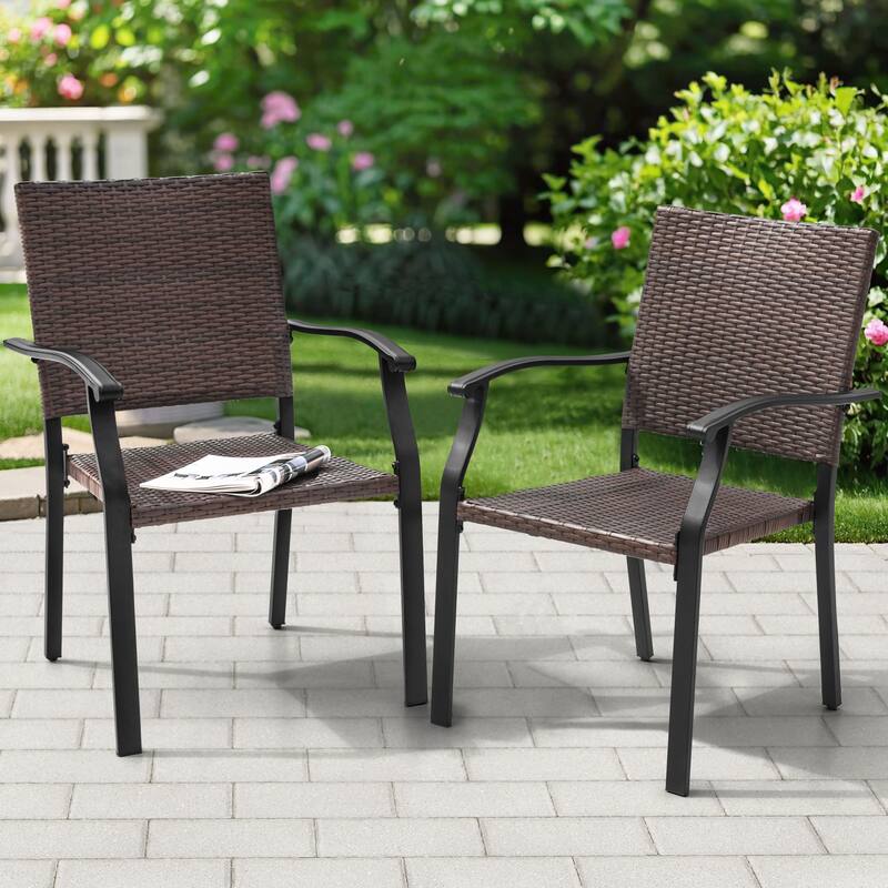 Outdoor Patio Iron Dining Chairs, All-Weather Wicker Material, Black