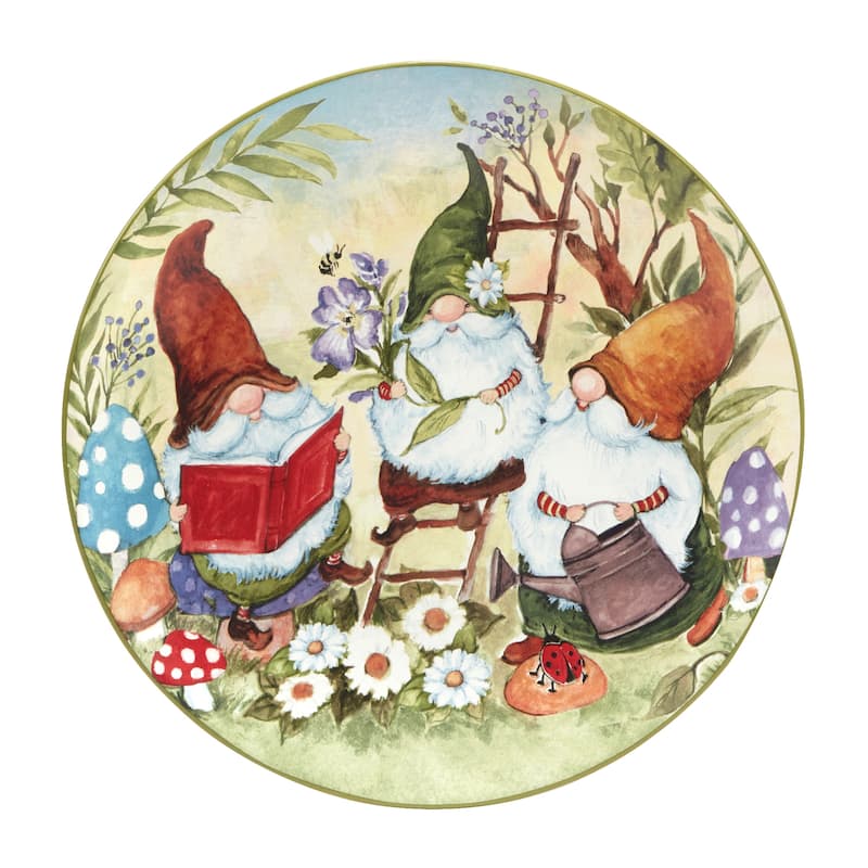 Certified International Garden Gnomes 11" Dinner Plates, Set of 4 Assorted Designs - 11' x 11'