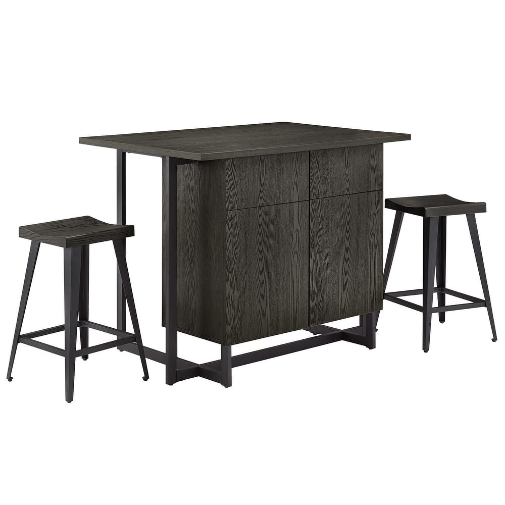 Oyala Black Finish 2-door Kitchen Island with Power and USB outlets and 2 Stools by iNSPIRE Q Modern