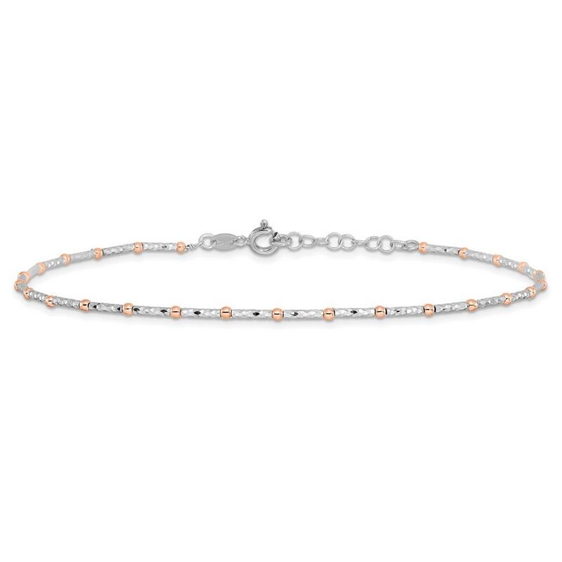 Curata 925 Sterling Silver Beaded Polished Spring Ring Rose Plated Sparkle Cut Anklet With 1inch Ext. 9 Inch
