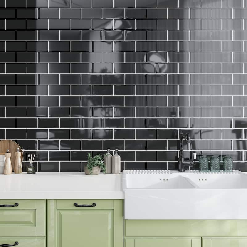 Apollo tile 3" x 6" Colorway Glossy Black Glass Tile (5 sq ft/case) - 40 Pack
