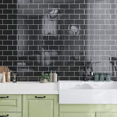 Apollo tile 3" x 6" Colorway Glossy Black Glass Tile (5 sq ft/case) - 40 Pack