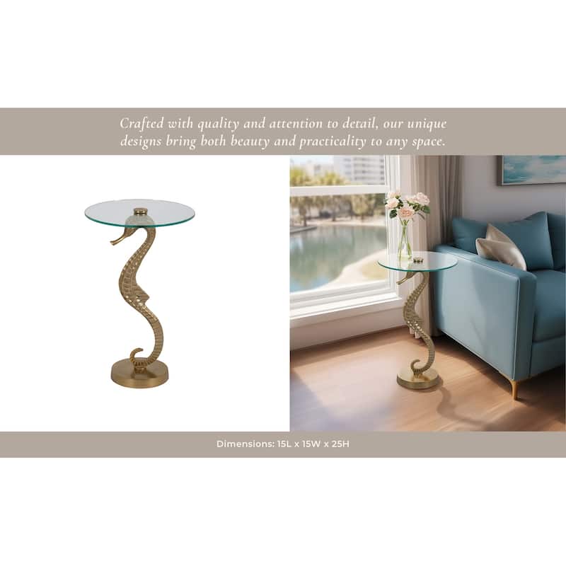 Sagebrook Home Artistic Metal and Glass Accent Table with Sculptural Aluminum Seahorse Base - 15" x 15" x 25"