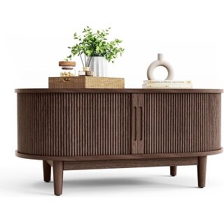 Oval Mid Century Coffee Table with Sliding Door and Fluted Accent ...