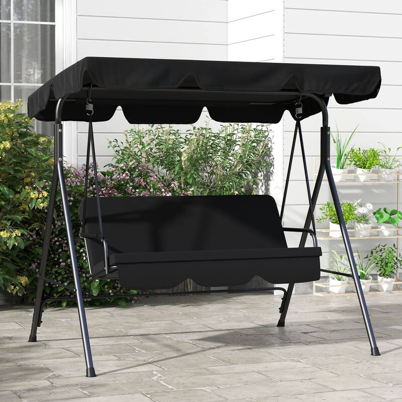 3-Seat Bench Swing Chair with Adjustable Tilt Canopy Steel Swing Hanging Chair Lounge Rocking Chair with Stand for Patio Porch