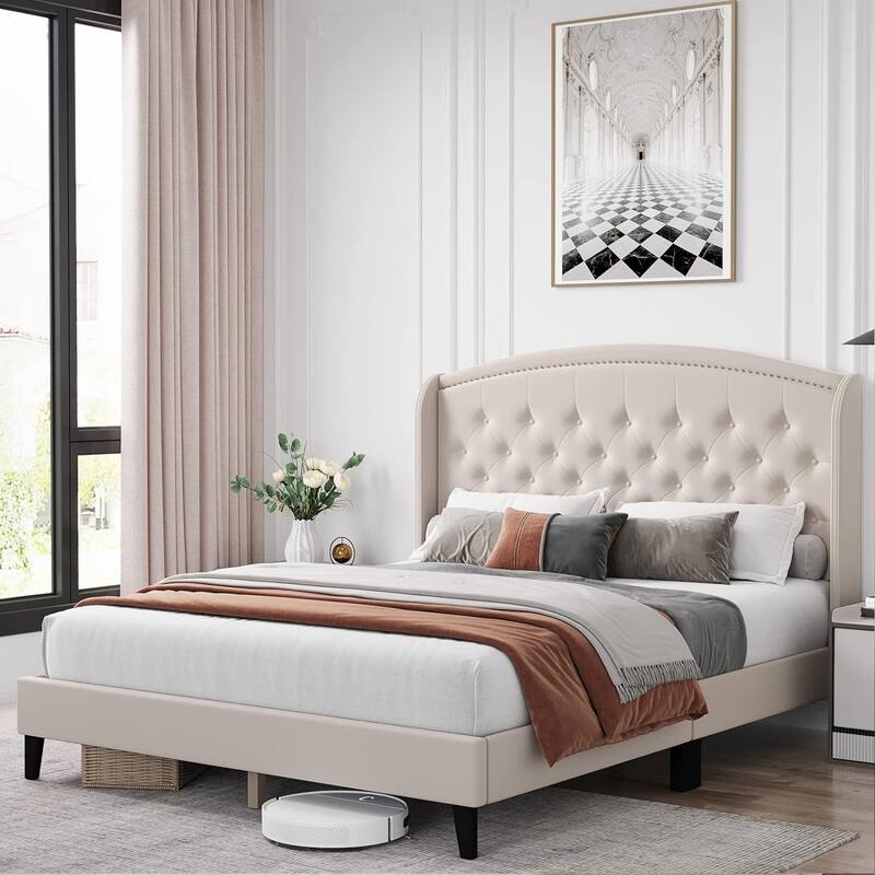 Platform Bed Frame Full with Upholstered Wingback Headboard