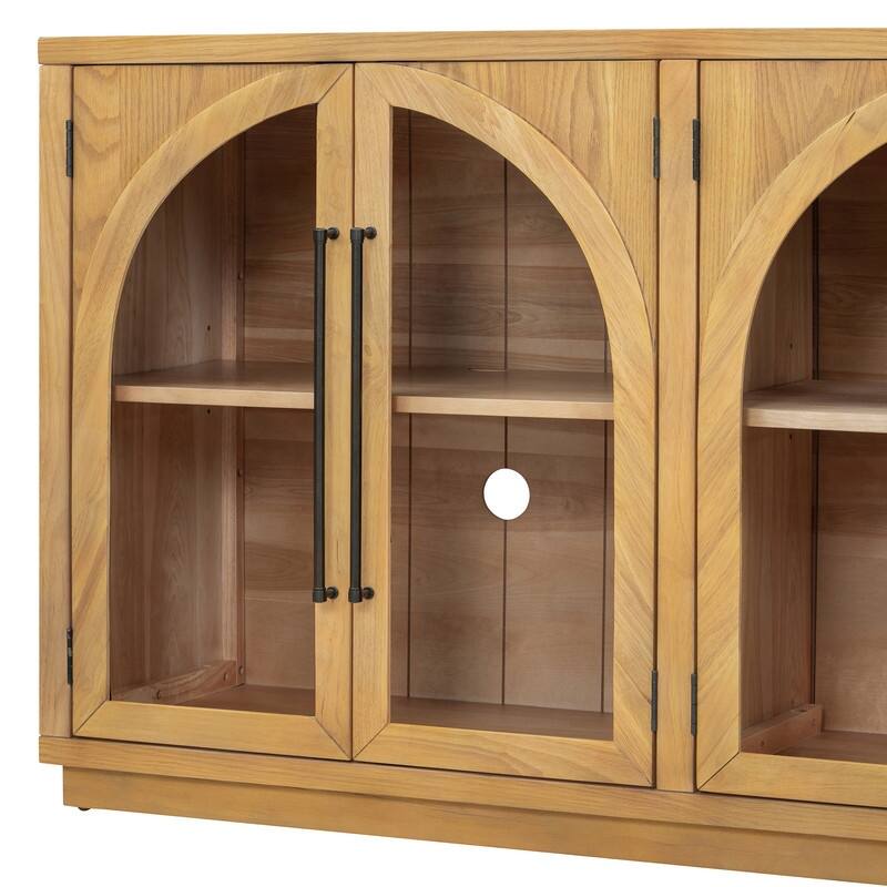 Retro Style Wood Buffet Sideboard with 4 Arched Glass Doors, Kitchen Storage Side Cabinet with Adjustable Shelves
