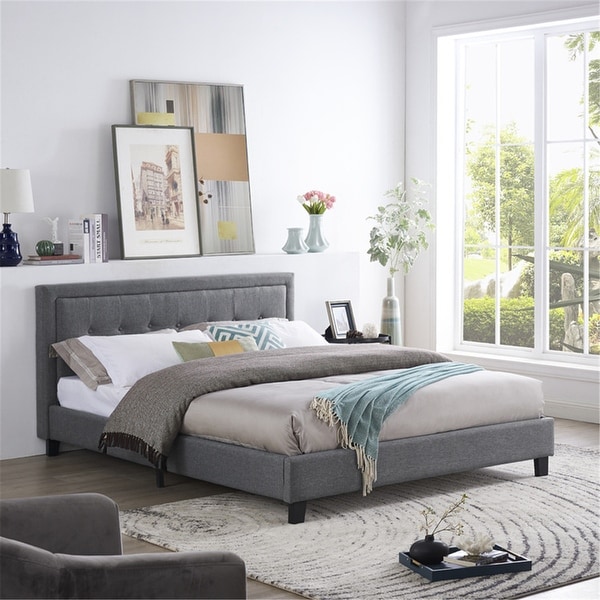 Lisa Button Tufted Woven Bed Frame w Headboard Platform