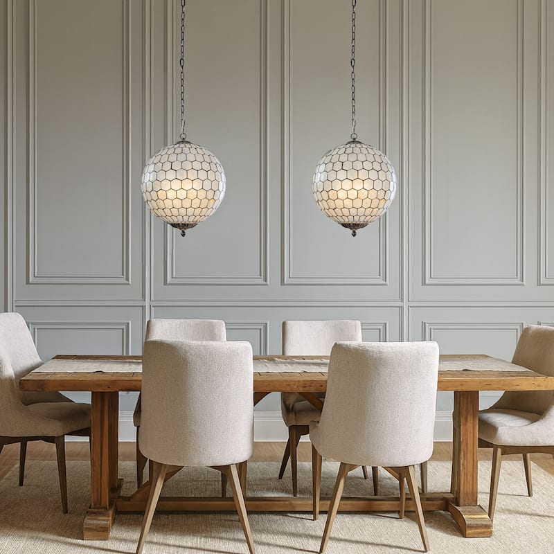 3-Light 18'' Antique Brass French Vintage Cosatal Glam Chandelier with Natural CAPIZ SHELL Globe Lantern Hanging Light - W18''