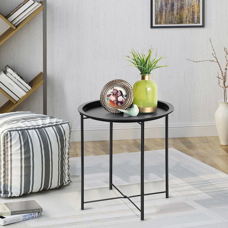 VECELO Modern Side Table with Round Removable Tray,Black(Set of 1/Set of 2)