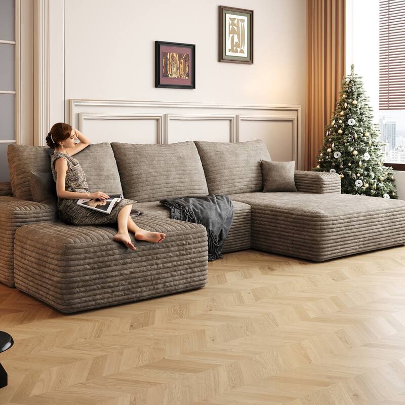 Sofa 107-in Casual Camel 3 -seater Right Reclining Sectional with 1 Ottoman - 8' x 10'