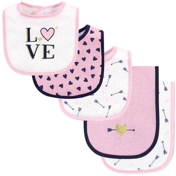 slide 1 of 1, Hudson Baby Infant Girl Cotton Terry Bib and Burp Cloth Set 5pk, Love, One Size - Love - One Size One Size - Love