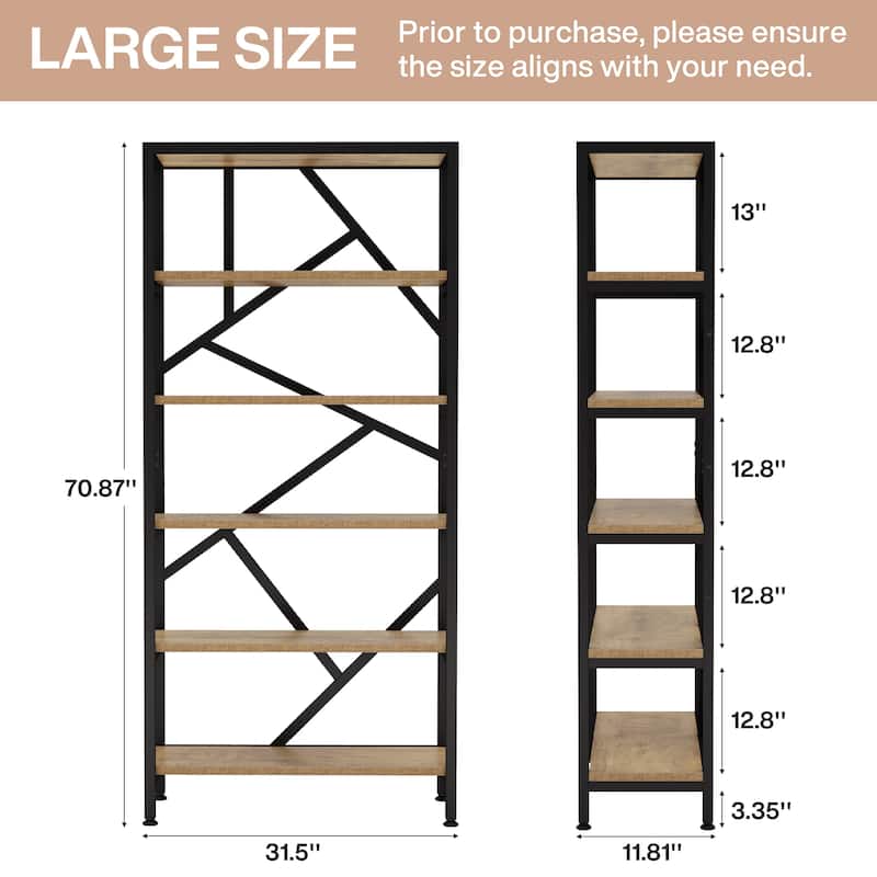 71" Industrial Bookshelf, 6 Tier Rustic Brown Wood Etagere Bookcase, Open Book Shelves
