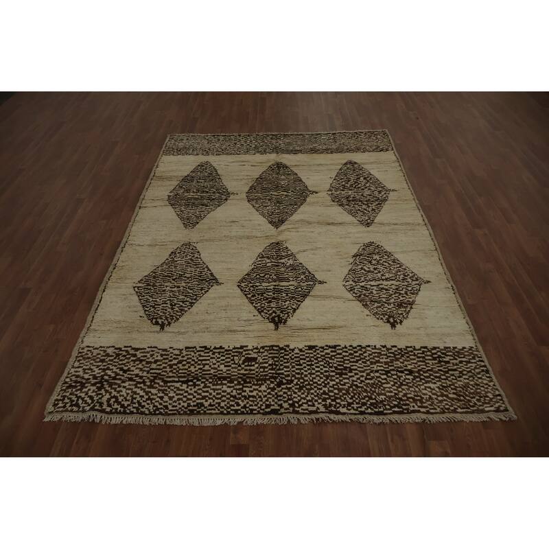 Hand Knotted Oriental 100% Wool Carpet Modern Tribal Beige & Ivories Moroccan Area Rug - 9' 7'' X 6' 8''