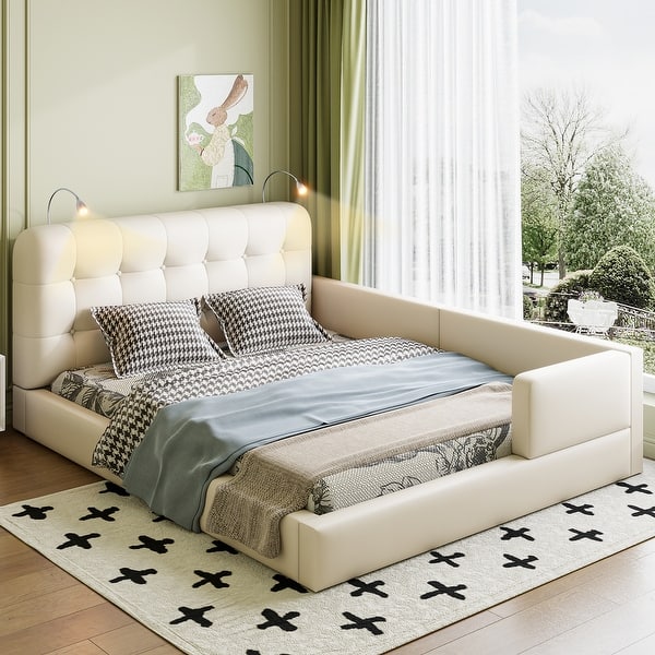 slide 2 of 18, Queen Size Upholstered Platform Bed with 2 Reading Lights, White White