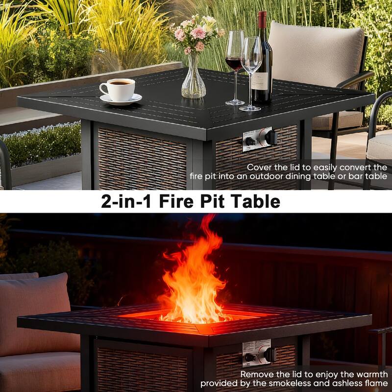 Meyreso 3-Piece Wicker Patio Conversation Set with Metal Fire Pit & Plush 4.5" Olefin Cushions