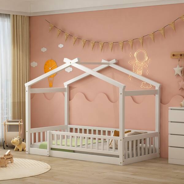 slide 2 of 70, Wooden House Bed with Fence, Pine Wood Bed Frame with Roof and Safety Guardrail for Kids, Boys or Girls