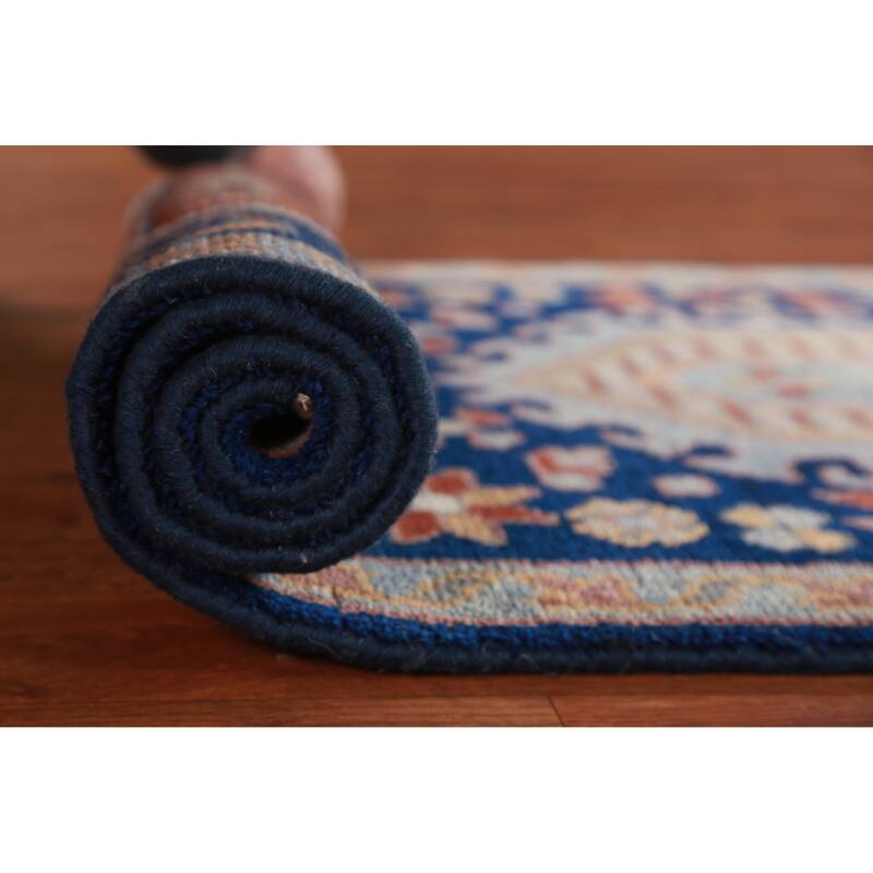 Hand Knotted Oriental 100% Wool Carpet Traditional Geometric Navy Blue & Blues Kazak Runner Rug - 7' 9'' X 2' 7''
