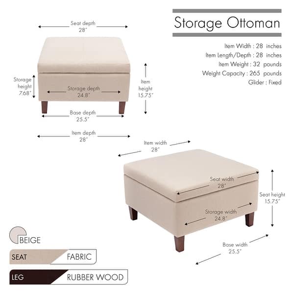 dimension image slide 1 of 3, Porthos Home Jamar Fabric Square Storage Ottoman with Rubberwood Legs