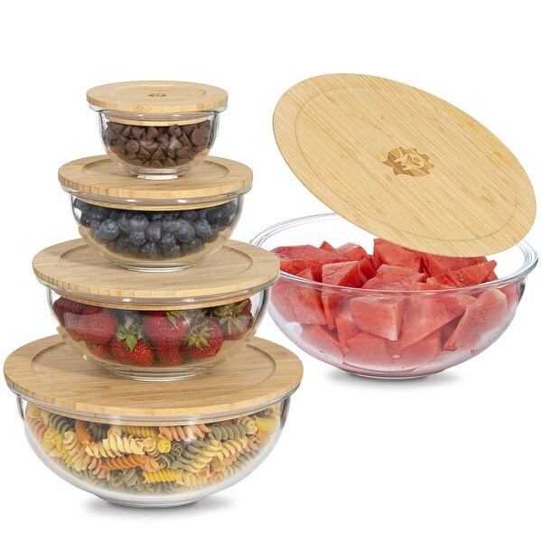 Glass Mixing Bowl Set with Bamboo Lids-Nesting Bowls- Stackable