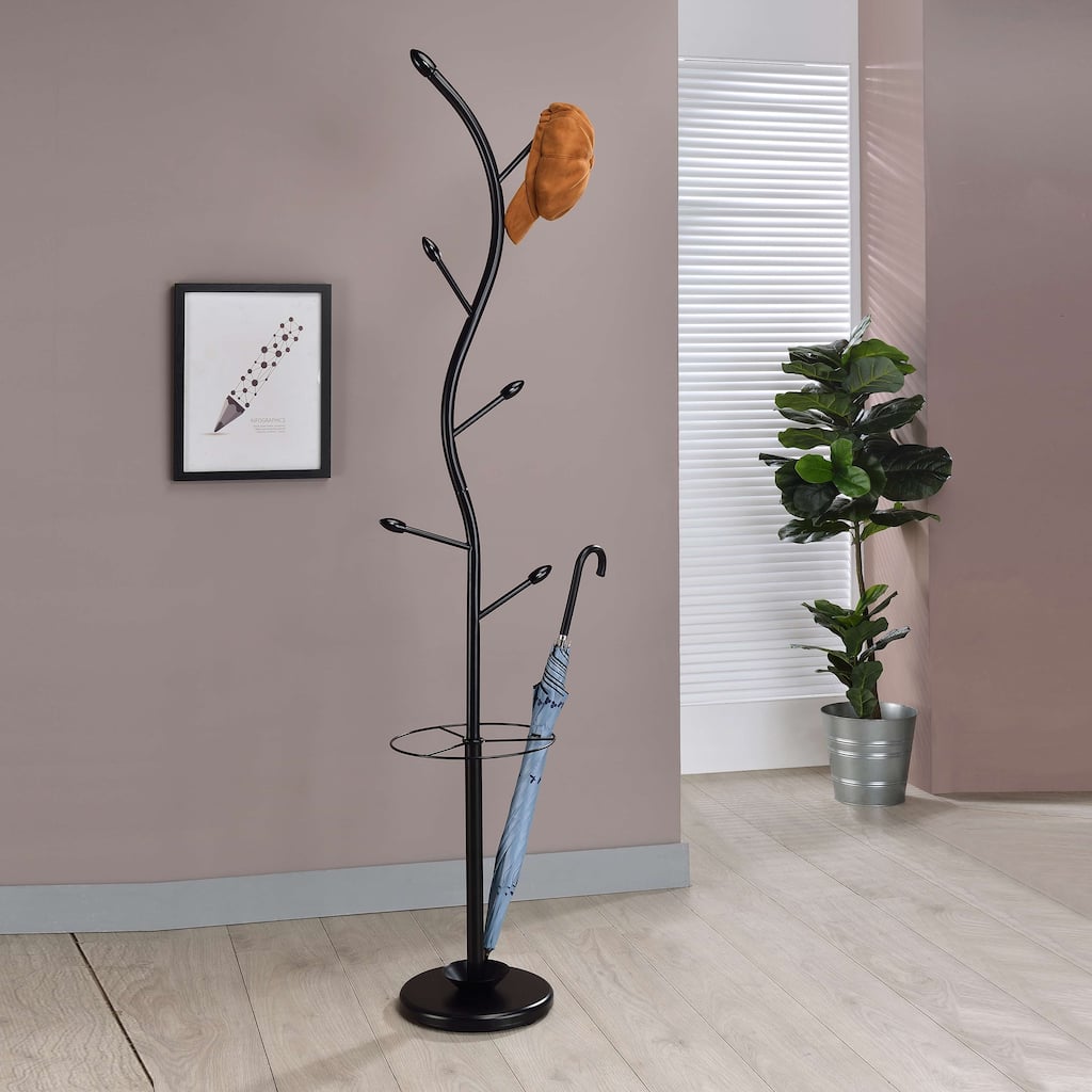 Metal 6-Hook Coat & Hat Rack with Umbrella Stand