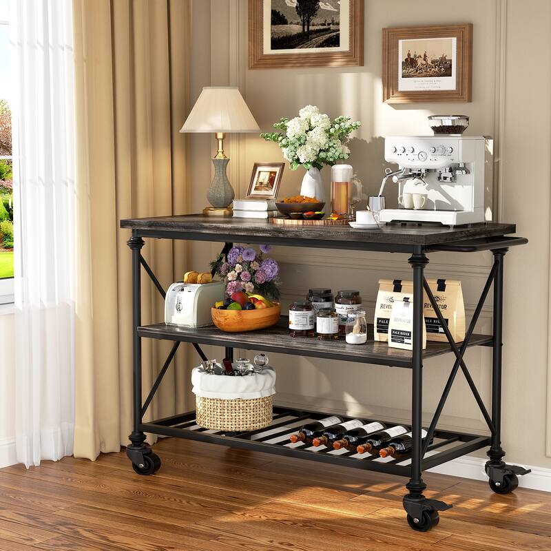 Rolling Kitchen Island Cart with Thick Wooden Top and Storage Shelves - N/A
