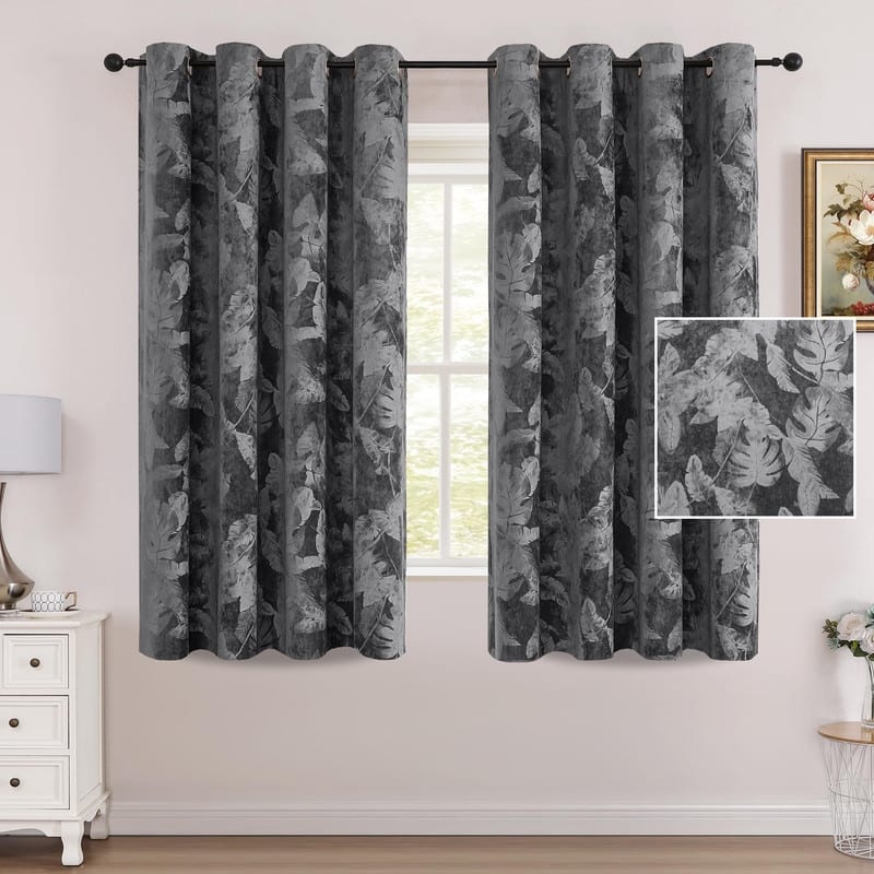 Velvet Curtains Embossed Floral Design Thermal Insulated Leaf Pattern Curtains - 52"W x 63"L (Pack of 2) - 63 Inches