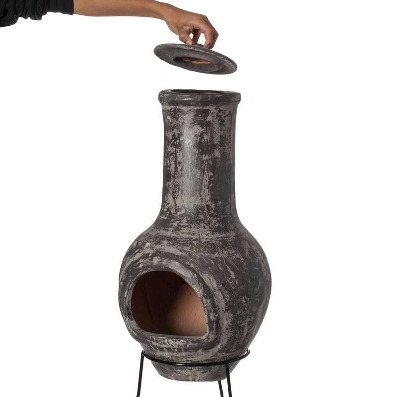 Gray Outdoor Clay Chiminea Outdoor Fireplace Stoney Scribbled Design Charcoal Burning Fire Pit with Sturdy Metal Stand, Barbecue