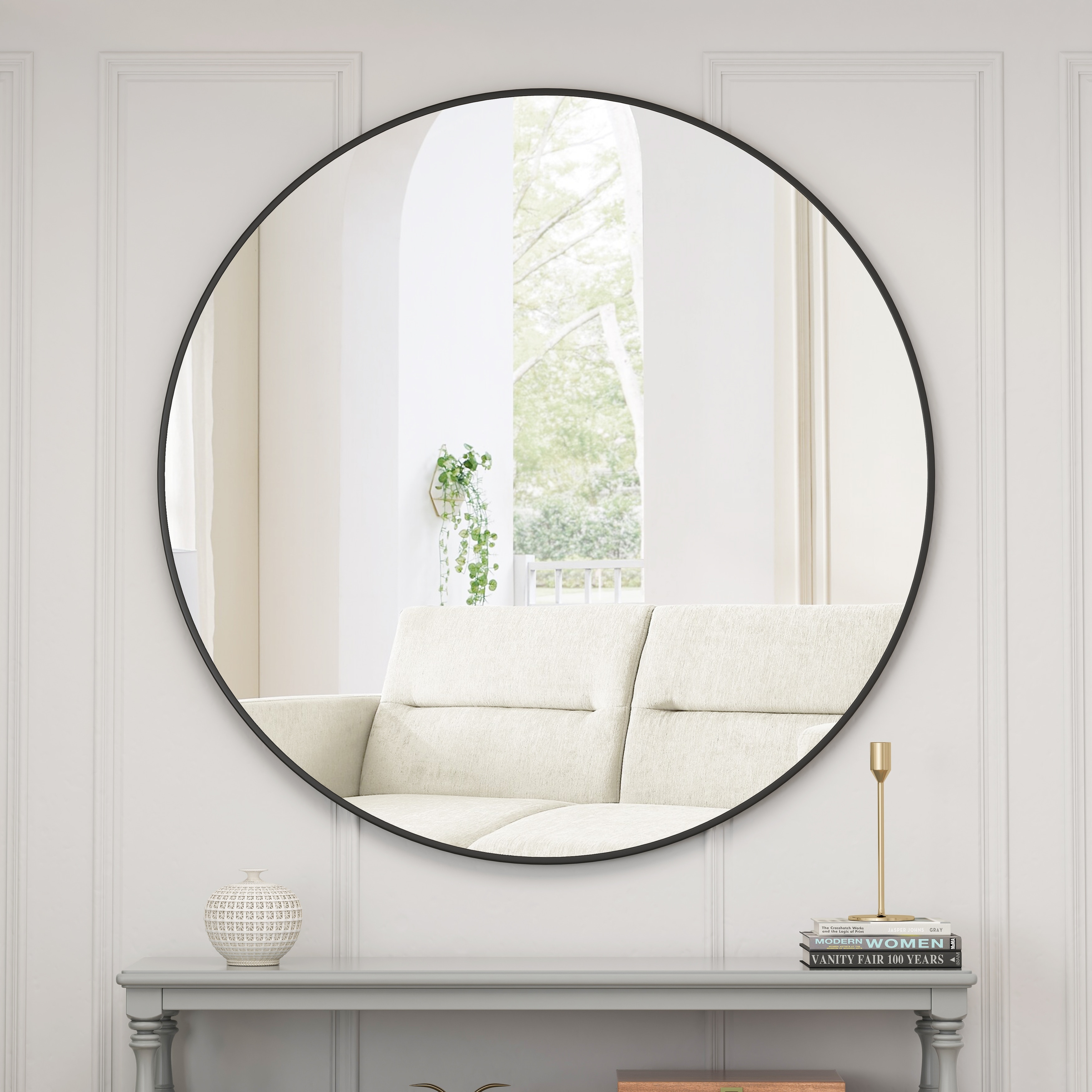 48" Wall Mounted Black Round Metal Framed Mirror - 48 inches L x 48 inches W x 0.98 inches H