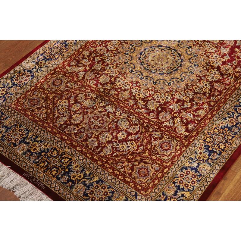 Hand Knotted Oriental Silk Carpet Traditional Floral Red Qum Area Rug - 4' 10'' X 3' 3''