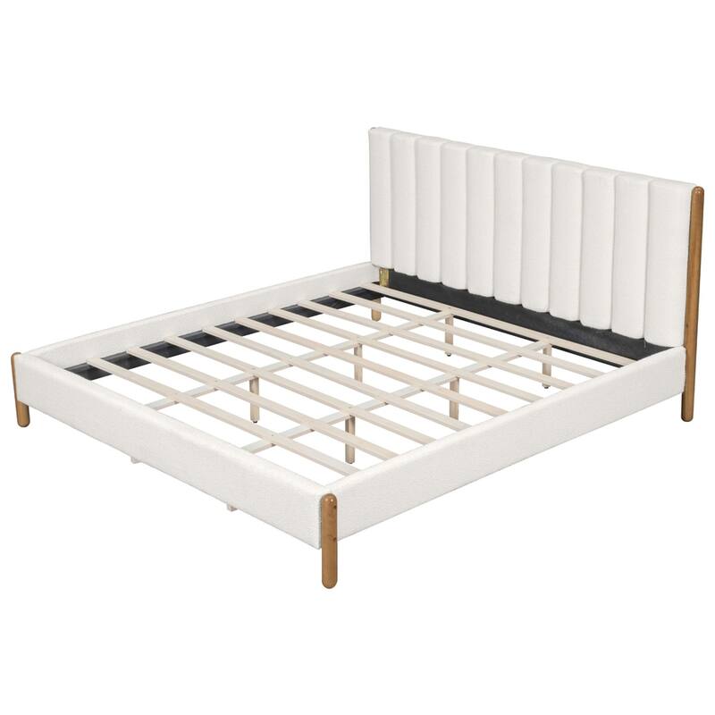 Boucle Upholstered Headboard Platform Bed Wooden Bed Frame