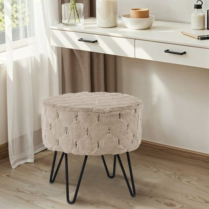 Jacquard Solid Fauxfur Round Ottoman - 18" x 18" x 18" - Taupe