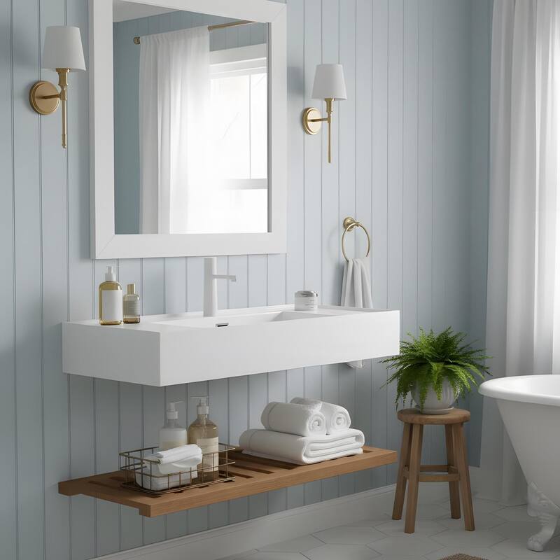 Bathroom Vanity with Vessel Sink and Striped Shelf Layer