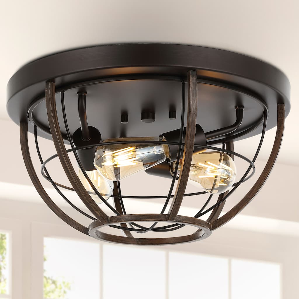 Liam 15.75" 3-Light Rustic Farmhouse Iron LED Flush Mount, Wood Finished/Oil Rubbed Bronze by JONATHAN Y - 3 Light