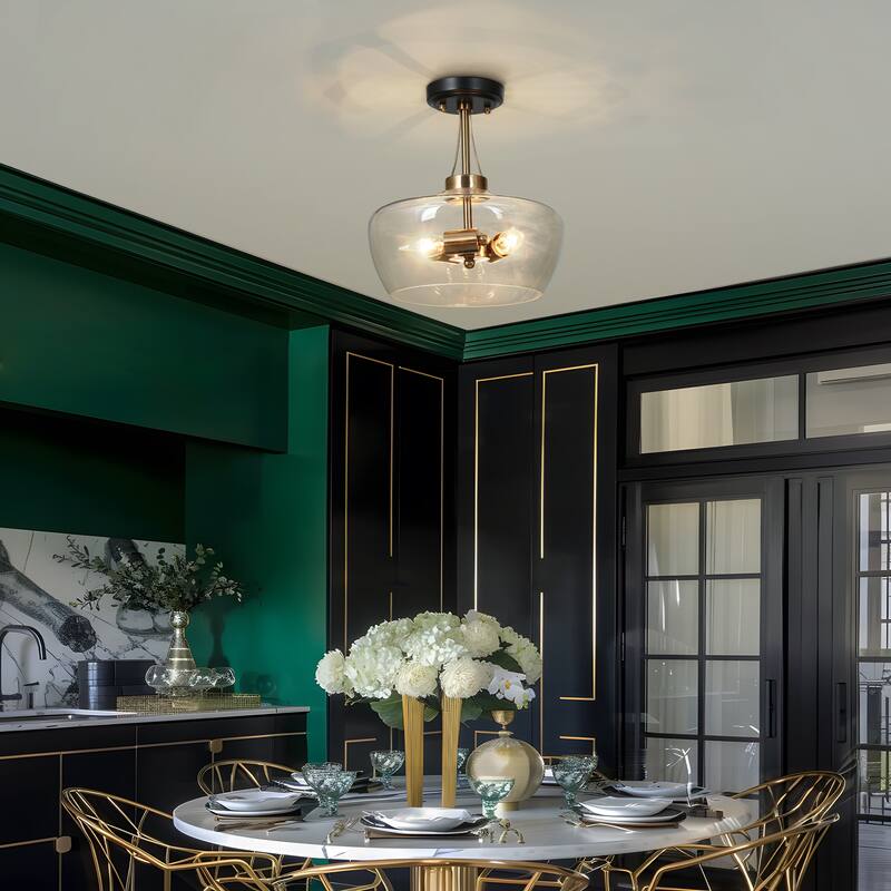 Modern 3-Light Black Gold Flush Mount Lights Kitchen Ceiling Light with Clear Glass - D12" x H12.5"