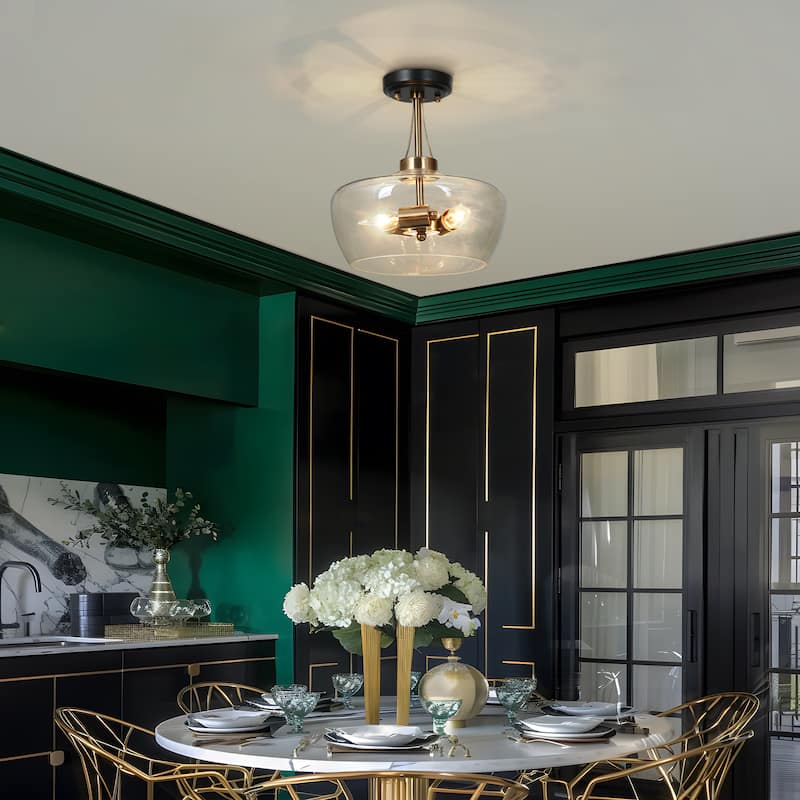Zelena Modern Farmhouse 3-Light Black Gold Bowl Glass Semi-Flush Mount Kitchen Ceiling Light