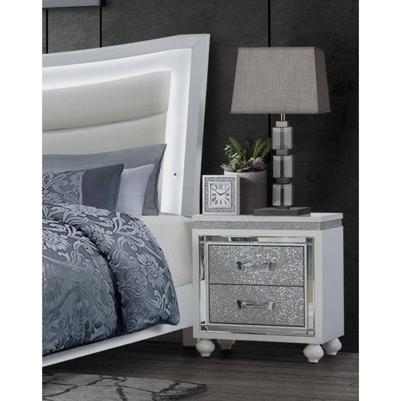 White Contemporary Nightstand with Crystal Drawer Fronts