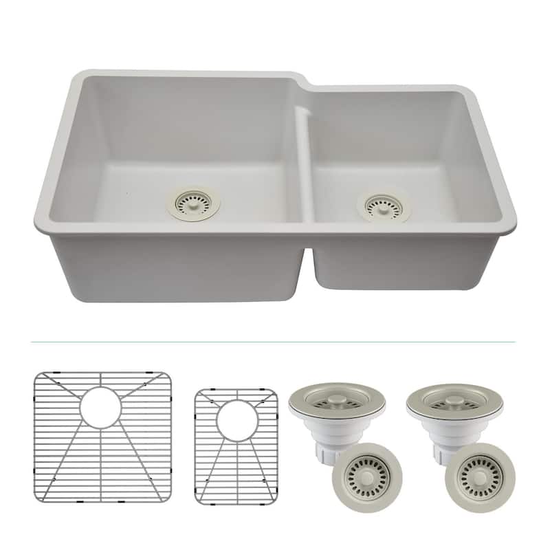 32"x19" Quartz Granite Kitchen Sink, 60/40 Double Bowl Drop-in/Undermount - 19x32 - Galaxy White