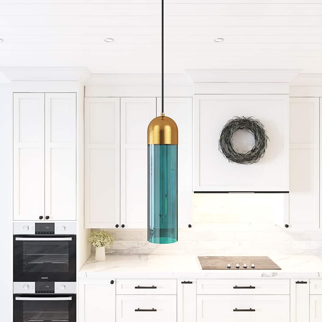 Modern Green Glass Cylinder Pendant Light Fixture for Kitchen Island Decor