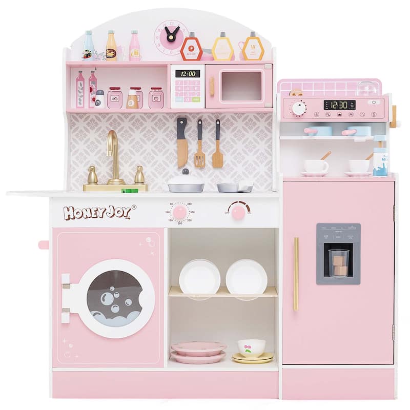 Pretend Kids Kitchen Playset Wood Toy Kitchen w/Sound for Aged 3+ - Pink