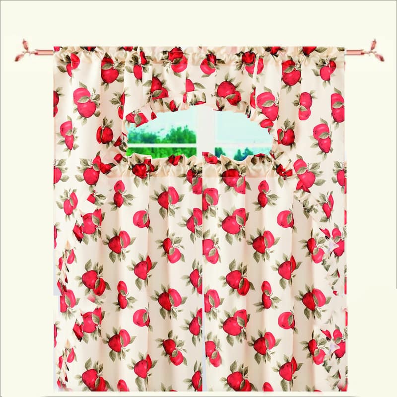 Violet Linen Classic Euro Apples Pattern 3pc Set 60" x 18" Valance, 30" x 36" Tiers, Decorative Window Kitchen Curtain Set - 1-Valance and 2-36" Tiers - Apples