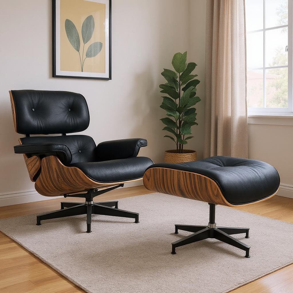 HomeRoots 27" Black and Brown Tufted Genuine Cowhide Swivel Lounge Chair With Ottoman - 27.17 in. x 27.50 in. x 20.47 in.