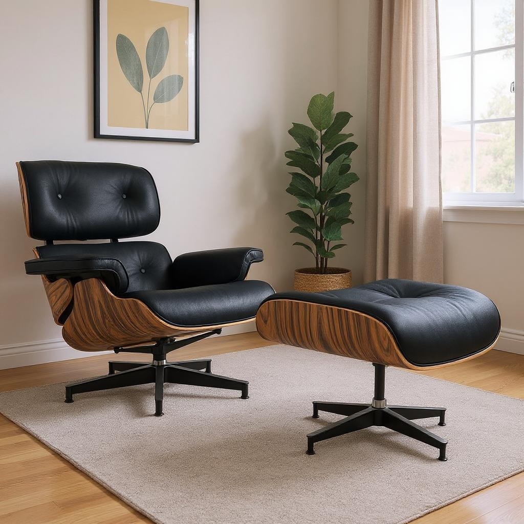 HomeRoots 27" Black and Brown Tufted Genuine Cowhide Swivel Lounge Chair With Ottoman - 27.17 in. x 27.50 in. x 20.47 in.