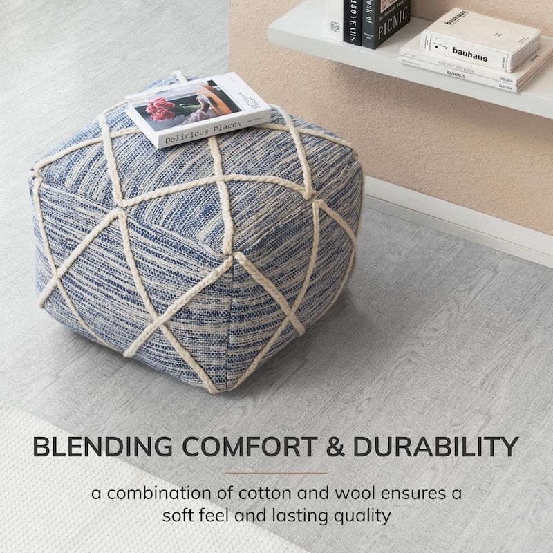 Jani Kirkwood Lake 22-inch Blue Pouf Ottoman - Handmade Footrest for Living Room, Bedroom, Nursery, Kidsroom