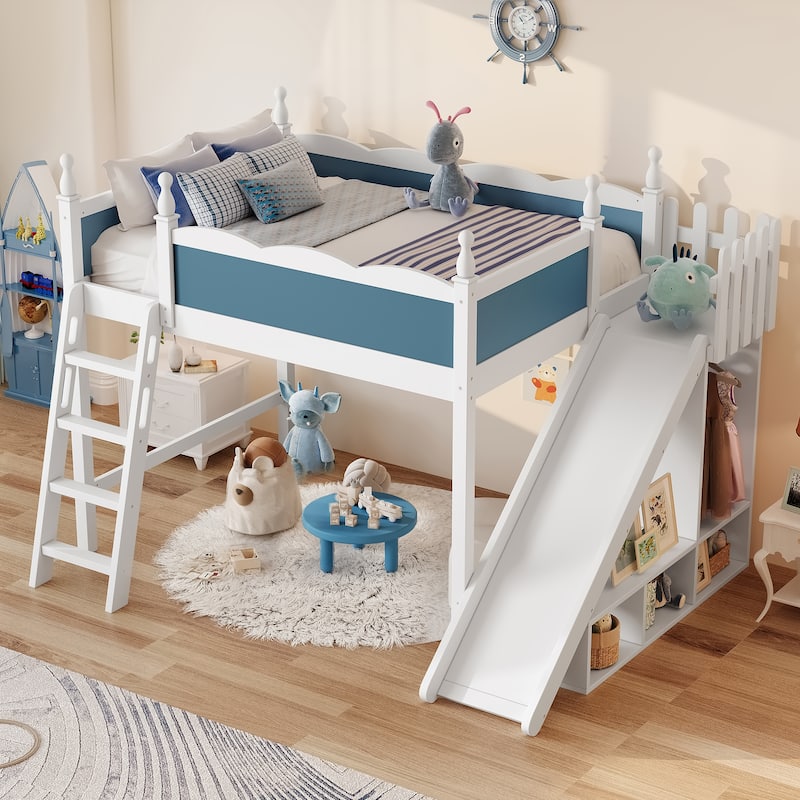 Full Loft Bed with Storage Shelves and Wardrobe, Solid Wood Loft Beds with Detachable Slide and Ladders, No Spring Box Needed - White+Blue