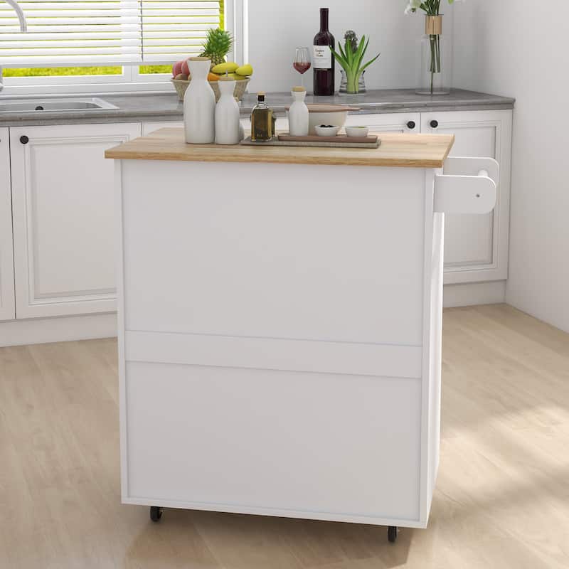 Rolling Kitchen Island with Rubber Wood Top, 33-inch White Storage Trolley Cart with 1 Drawer, Adjustable Shelves & Towel Rack