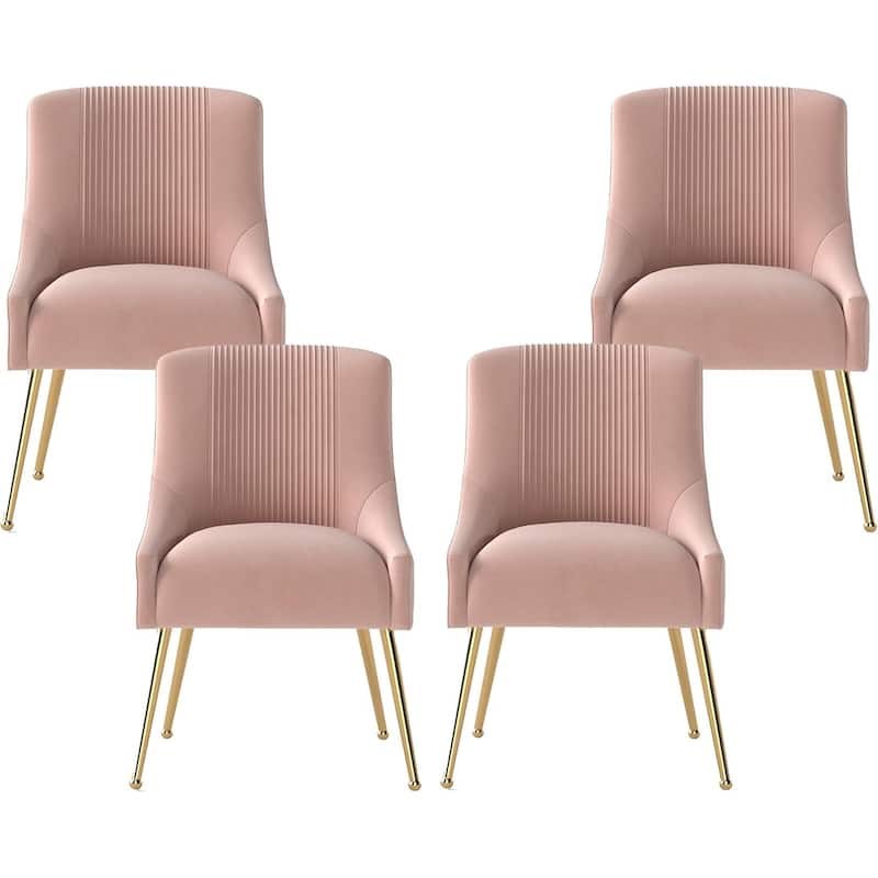 SEYNAR Modern Glam Boucle Pleated Velvet Dining Chair or Vanity Chair Set of 4 with Rear Handle - Pink
