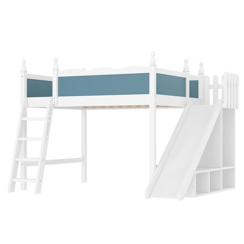 Fun Play Loft Bed for Kids with Open Shelves and Wardrobe, Solid Wood Storage Bed Frame with with Detachable Slide and Ladder