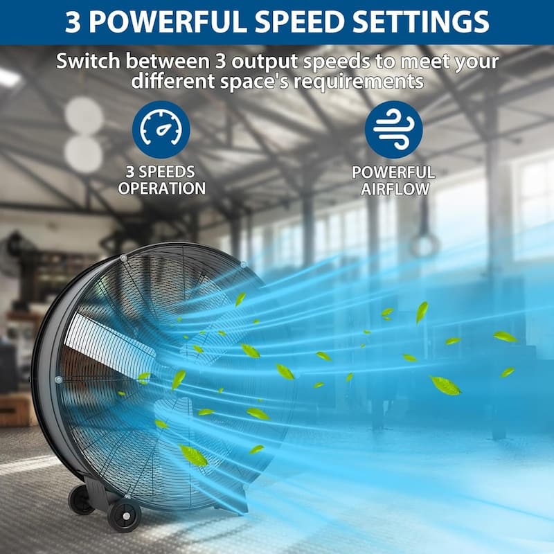 30 Inch Industrial 330W High Velocity Floor Drum Fan, 3 Speed for Warehouse, Factory, Garage, Patio