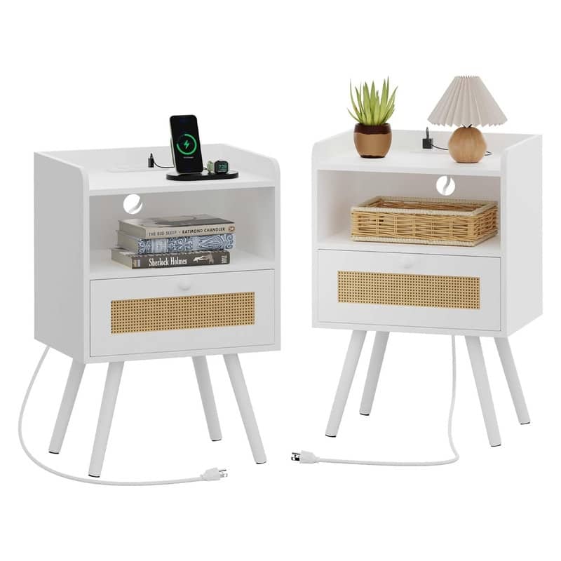 Bedside Table Set of 2 with PE Rattan Drawers - White